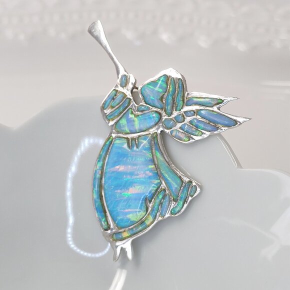 Vintage Zuni Blue Fire Opal Trumpeting Angel Pin Reynetsa Leland Sterling Brooch - Picture 3 of 11